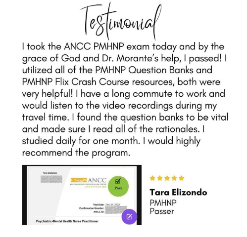 Testimonial from Tara Elizondo, PMHNP passer: passed the ANCC PMHNP exam using the question banks and crash course.