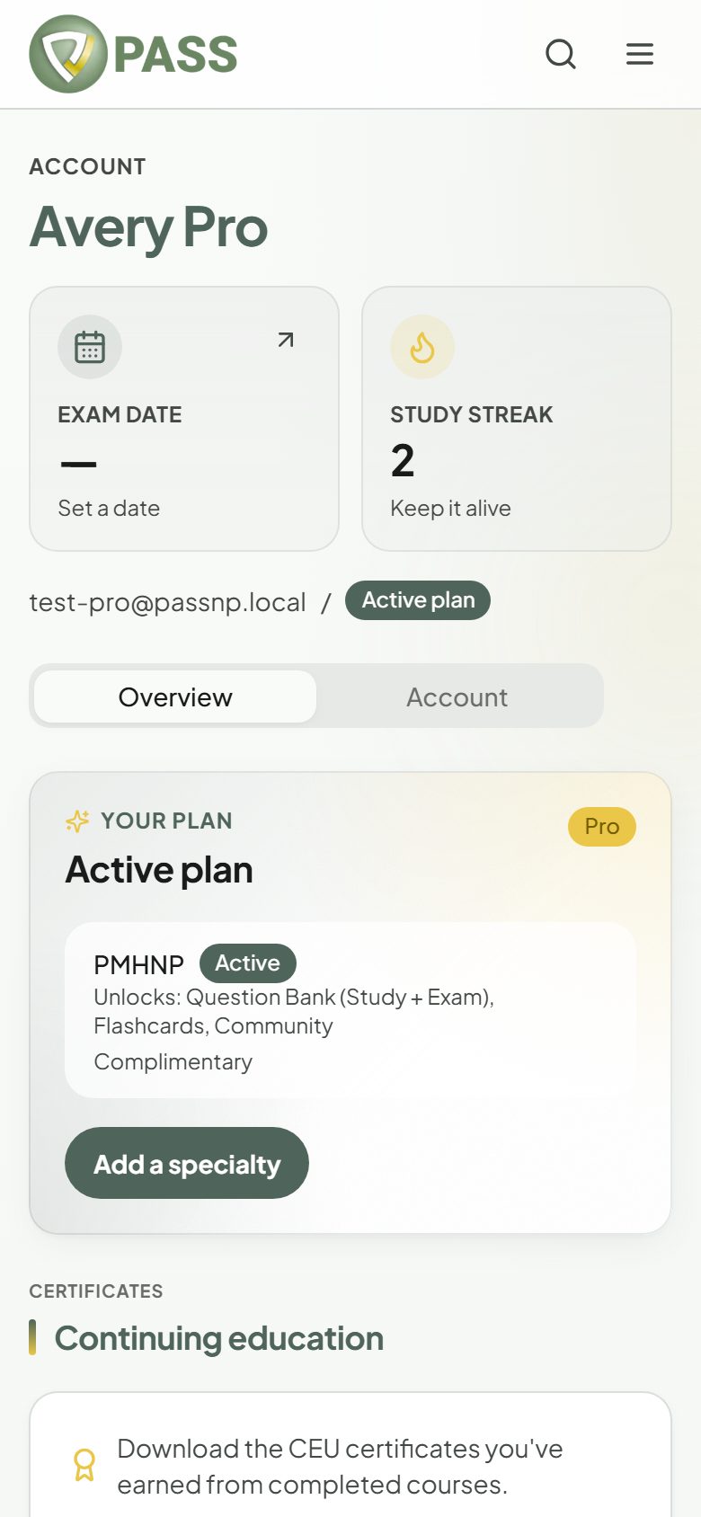 The Account page with plan status and billing