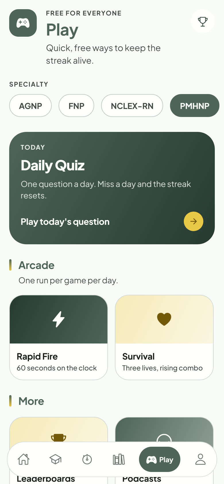 The Play tab in the PASSNP app, with the Daily Quiz and arcade games