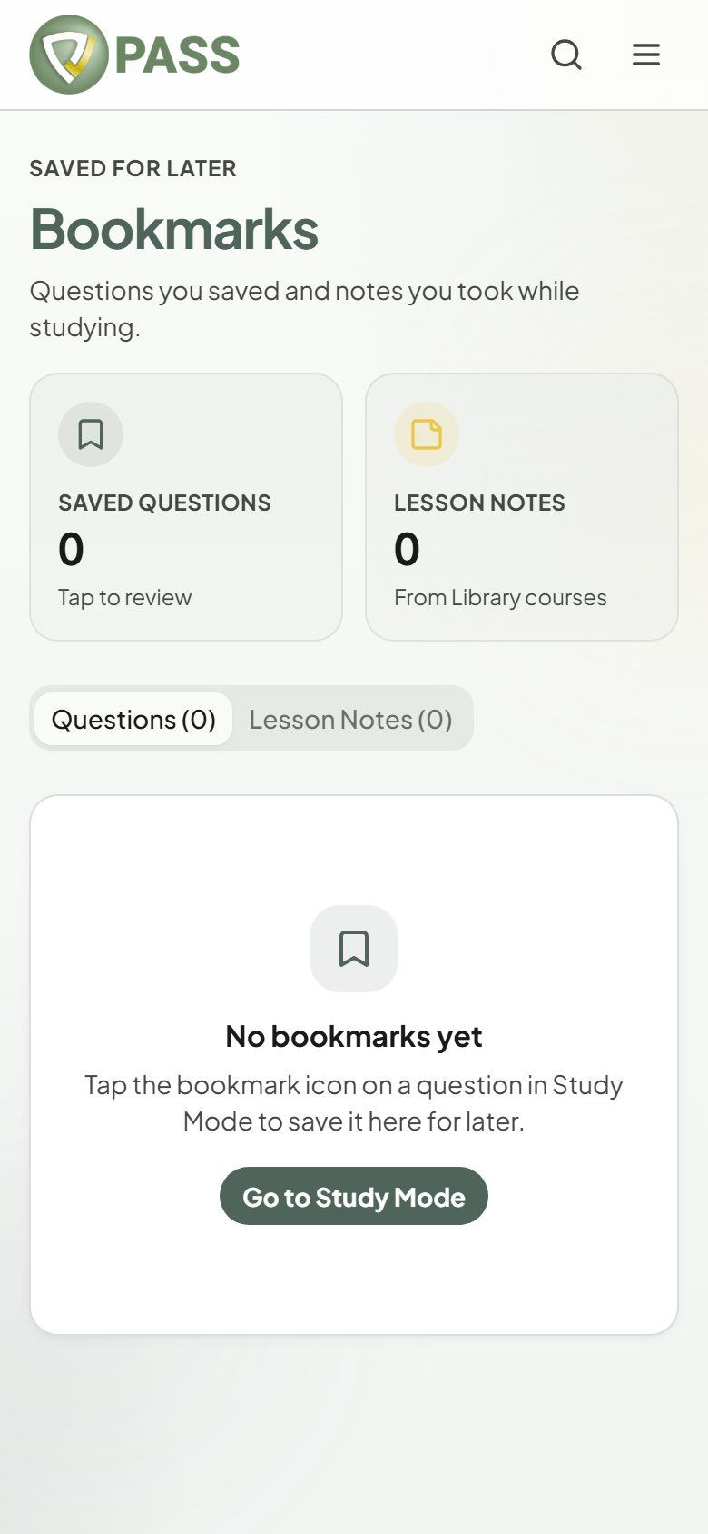 The Bookmarks page listing saved questions