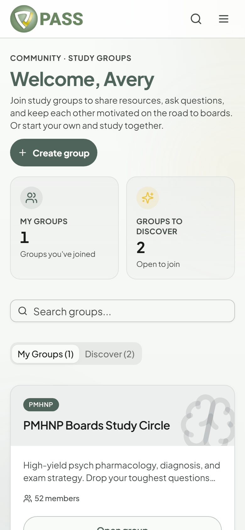 The Community page listing study groups