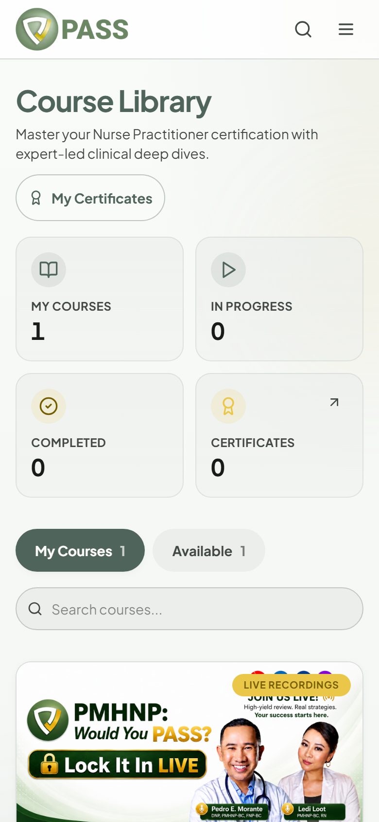 The Courses page with course cards