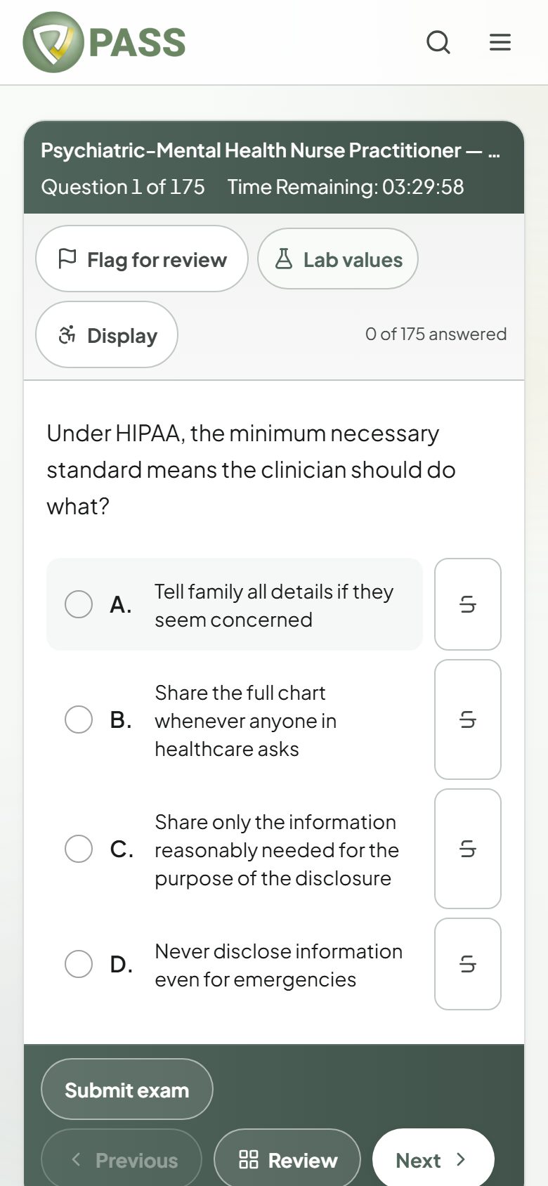 A practice exam question with the timer and question counter