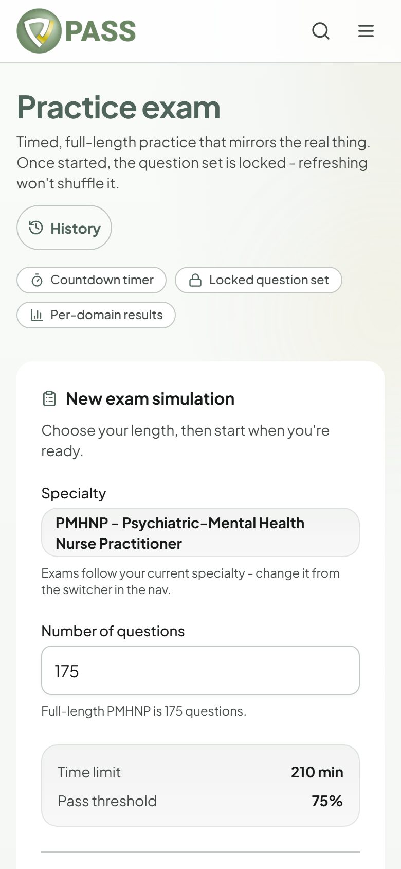 The practice exam setup screen