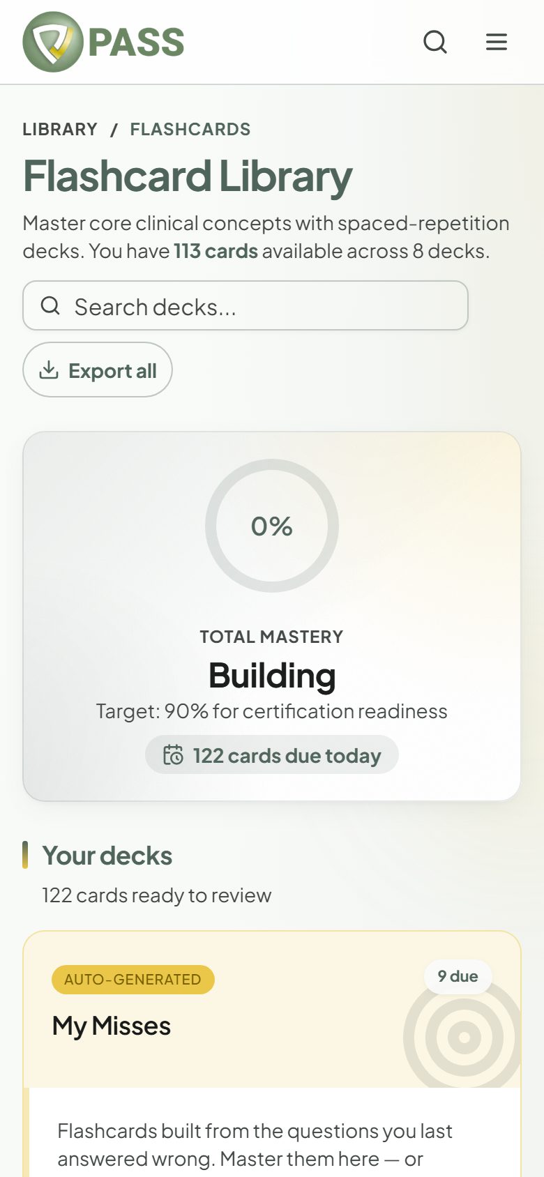 The Flashcards page with available decks