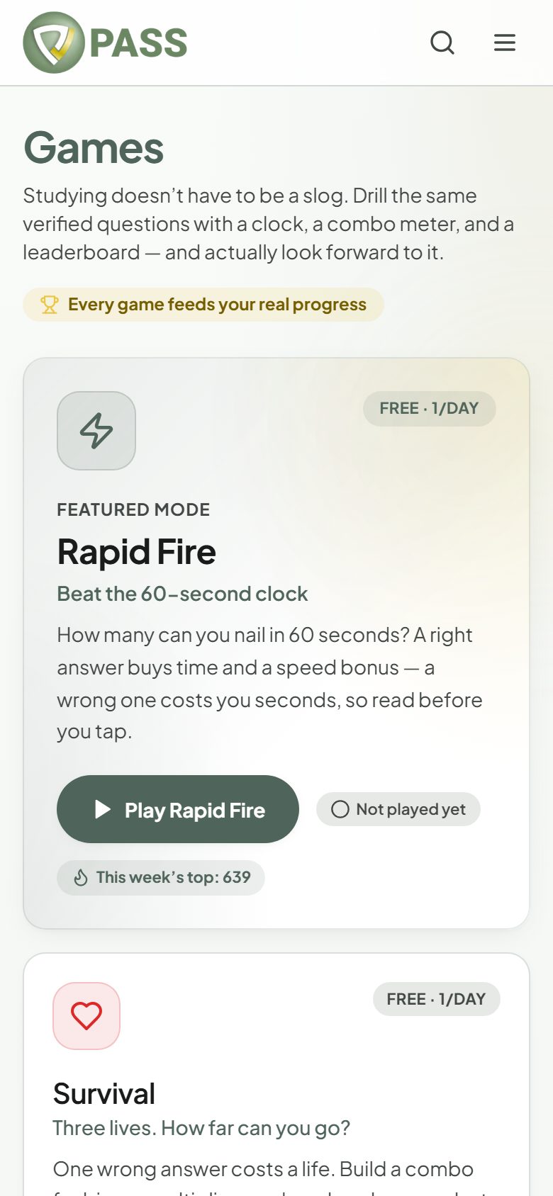 The Games screen with the Daily Quiz, Rapid Fire, and Survival