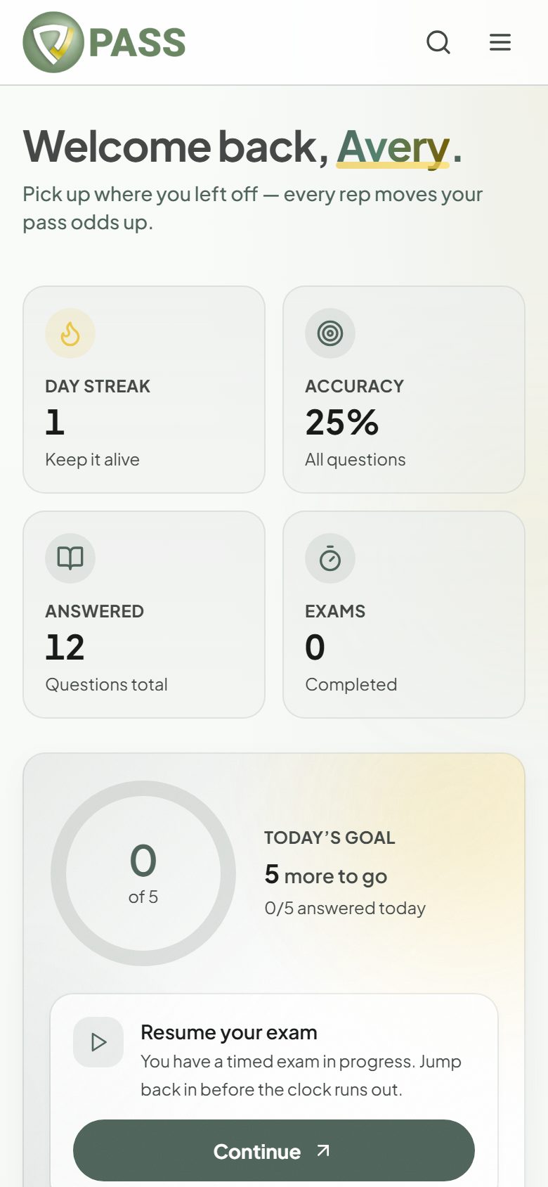 The PASSNP Home screen with streak, accuracy, and today’s goal