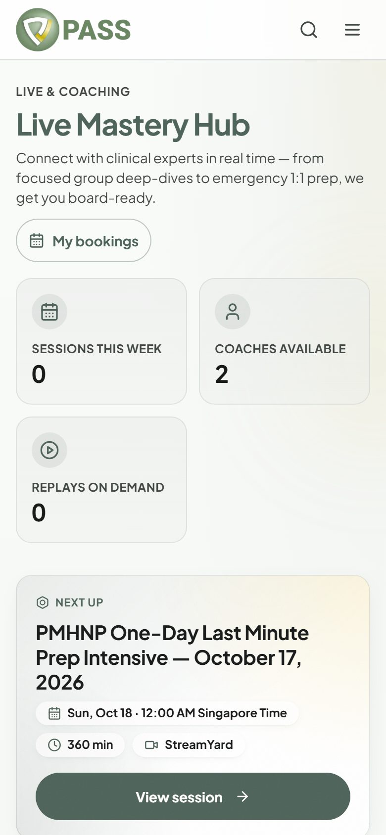 The Live Classes page listing upcoming group classes