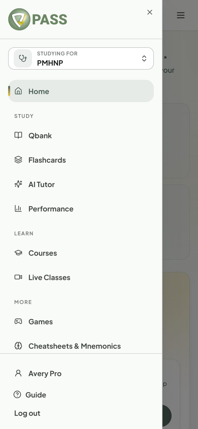 The PASSNP menu open on a phone, showing Study, Learn, and More sections