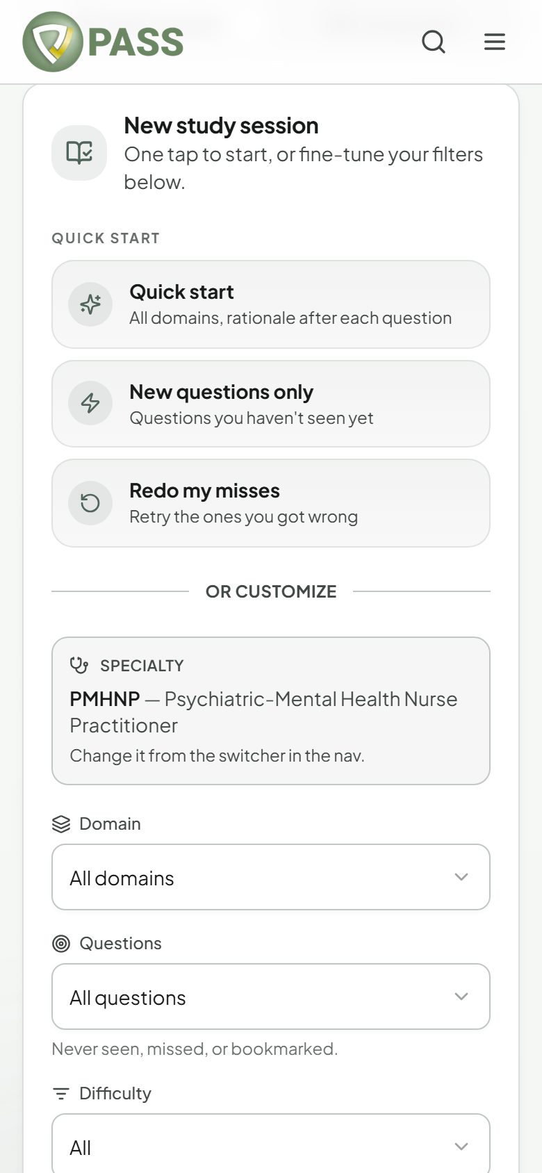 The Study Mode setup screen with Quick start options