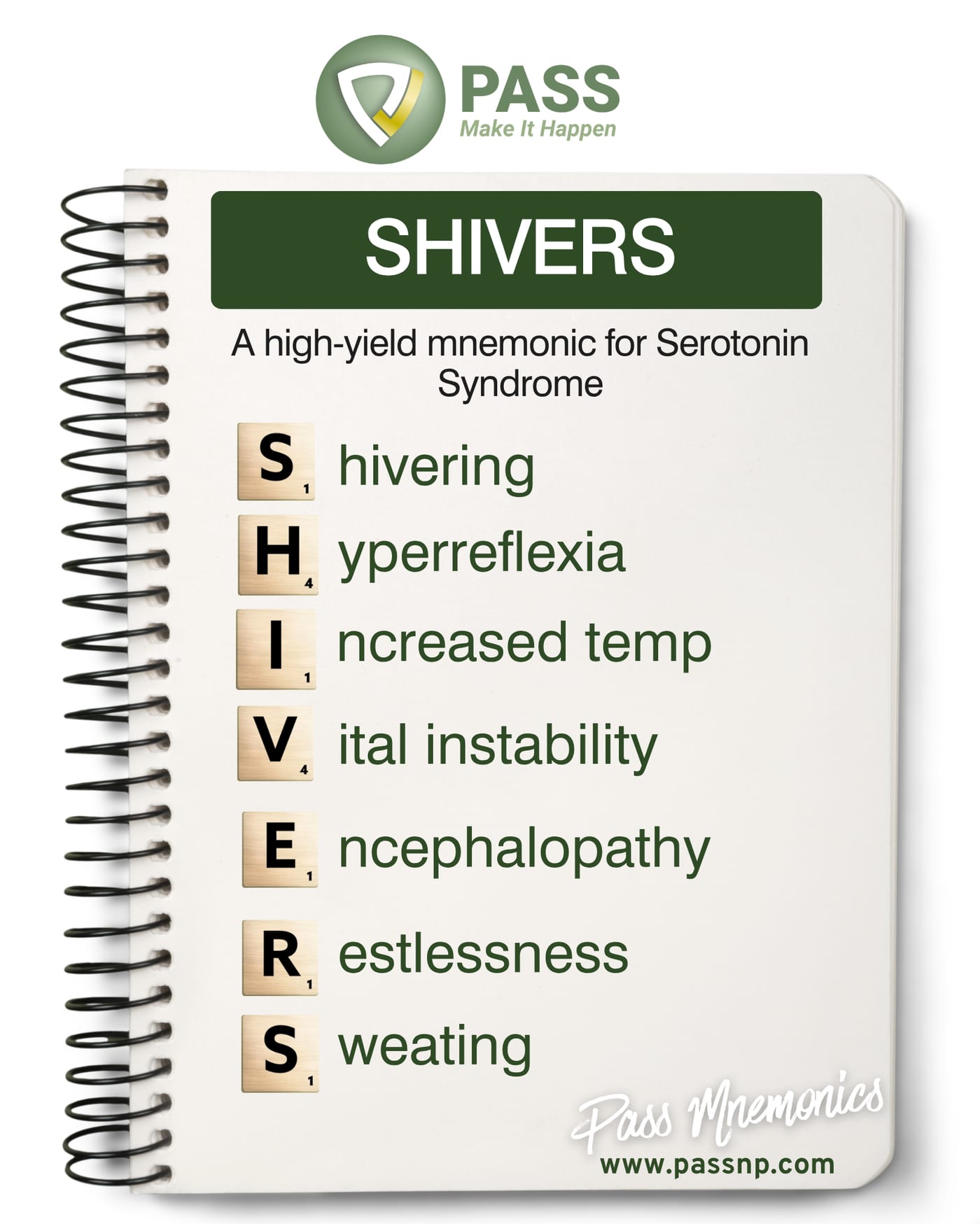 SHIVERS mnemonic for serotonin syndrome: shivering, hyperreflexia, increased temperature, vital instability, encephalopathy, restlessness, sweating